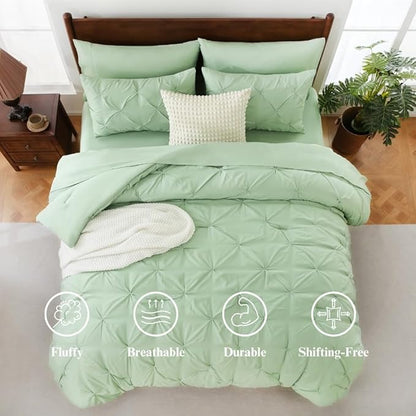 Sheet&Joy Full Size Comforter Set,7-Piece Bed in a Bag Double, Pintuck Bedding Set for All Season, Includes Comforter, Flat Sheet, Fitted Sheet, Pillowcases and Pillowshams, Olive Green
