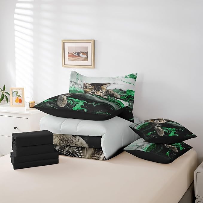 Erosebridal Green Marble Cat Bedding Set Full Watercolor Marble Ink Fluid Bed in A Bag Luxury Modern Marbling Comforter Sets with Sheets Retro Artwork Style Aesthetic Bed Set(Green, Full)