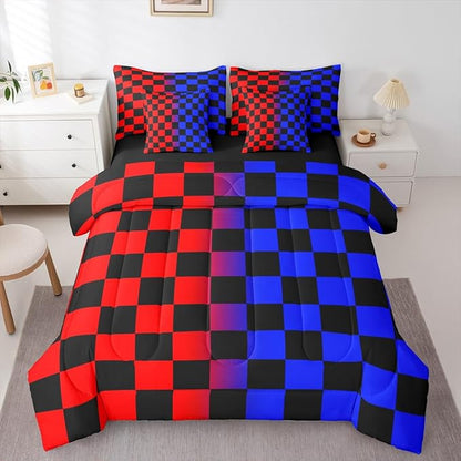 Checkered Comforter Set With Sheets 7 Piece King Size Red Blue Plaid Bed in a Bag Kids Boys Girls Cute Retro Neutral Checkerboard Geometric Bedding Set Vintage Aesthetic Bedroom Decor Breathable Soft