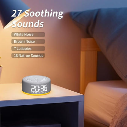 【3 in 1】 White Noise Machine with 27 Sleeping Sounds for Baby Kids Adults Sound Machine Alarm Clock Night Light Timer Memory Function 32 Level Volume Auto Off Digital Clock with 30 Wake Up Sounds