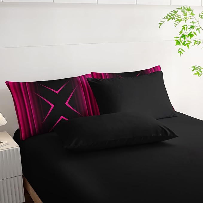 Pink Black Geometric Comforter Set King Size 7Pieces,3D Abstract Mordern Printed Bedding Set for Adults,Geometric Mordern Decor All Seasons with Pillowcases,Flat, Fitted Sheet