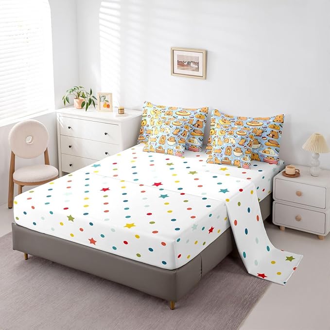 Cartoon Capybara 7 Pieces Bedding Set Queen Size,Kawaii Animals Bed in a Bag,Capybara Lovers Bed Set Includes Comforter,Sheet Set,Pillowcases & Pillow Covers,Yummy Foods Love Hearts Bedroom Decor