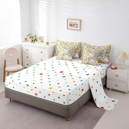 Cartoon Capybara 7 Pieces Bedding Set Queen Size,Kawaii Animals Bed in a Bag,Capybara Lovers Bed Set Includes Comforter,Sheet Set,Pillowcases & Pillow Covers,Yummy Foods Love Hearts Bedroom Decor