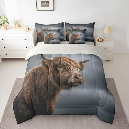 Erosebridal Highland Cow Comforter Sets with Sheets, Brown Cattle Bedding Set Twin for Boys Girls Nature Wild Animal 7Pcs Bed in A Bag Rustic Wildlife Bed Set