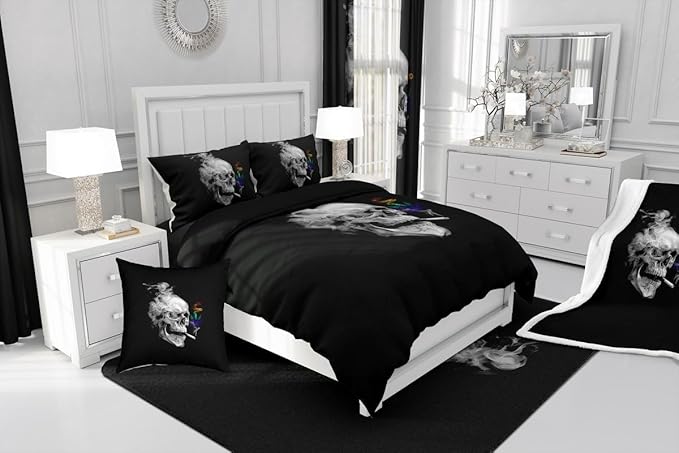 Erosebridal Gothic Skull Bedding Toddler, Leaves Comforter Set for Kids Boys Girls,Smoky Skeleton Down Comforter, Plant Tropical Botanical Bedding Comforter Sets for Bedroom Decor