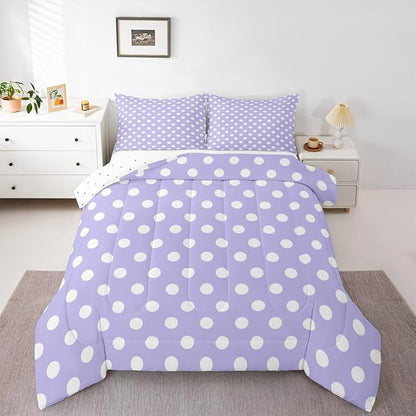Manfei Polka Dots Comforter Set Full Size,Cartoon French Style Princess Purple White Bedding Set 3 Pcs for Teens Young,Modern Geometric Circles Abstract Simple Art Comforter,2 Pillowcases