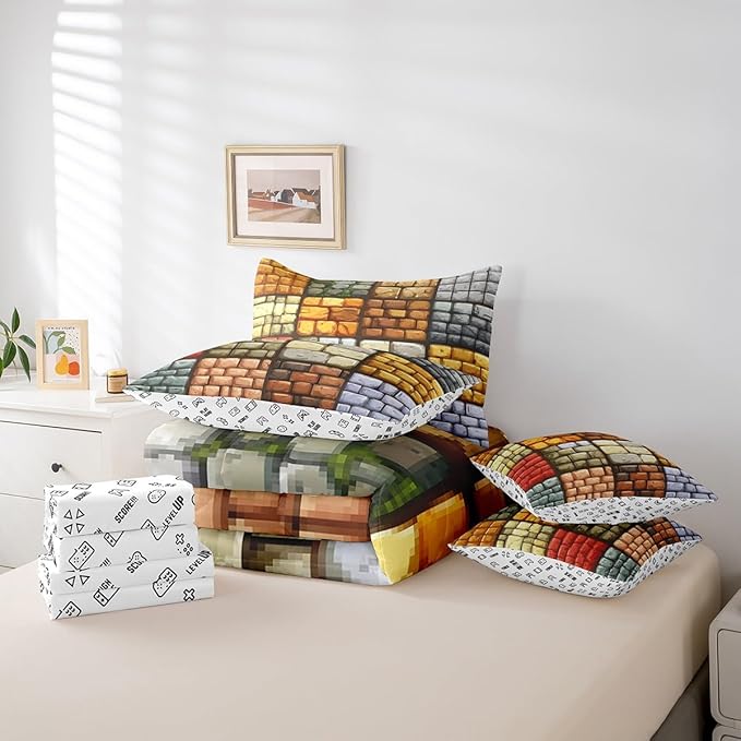 Pixelated Themed Games 7Pcs Comforter Set Twin Size,Miner Video Games Bedding Sets for Kids Boys Teens Men Bedroom Decor,Geometric Grid Wall Fitted Flat Sheet Brown Grey 2 Throw Pillow,2 Pillowcases