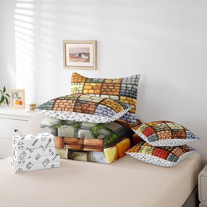 Pixelated Themed Games 7Pcs Comforter Set King Size,Miner Video Games Bedding Set for Kids Boys Teens Men Bedroom Decor,Geometric Grid Wall Fitted Flat Sheet Brown Grey 2 Throw Pillow,2 Pillowcases