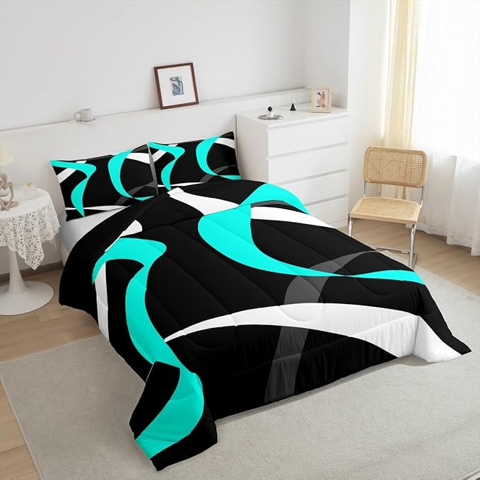 Erosebridal Grey Black Turquoise Bedding Comforter Sets Teal Gray White Striped Abstract Bedding Set Toddler for Kids Boys Girls Geometric Stripes Down Comforter Modern Fashion Quilt Duvet