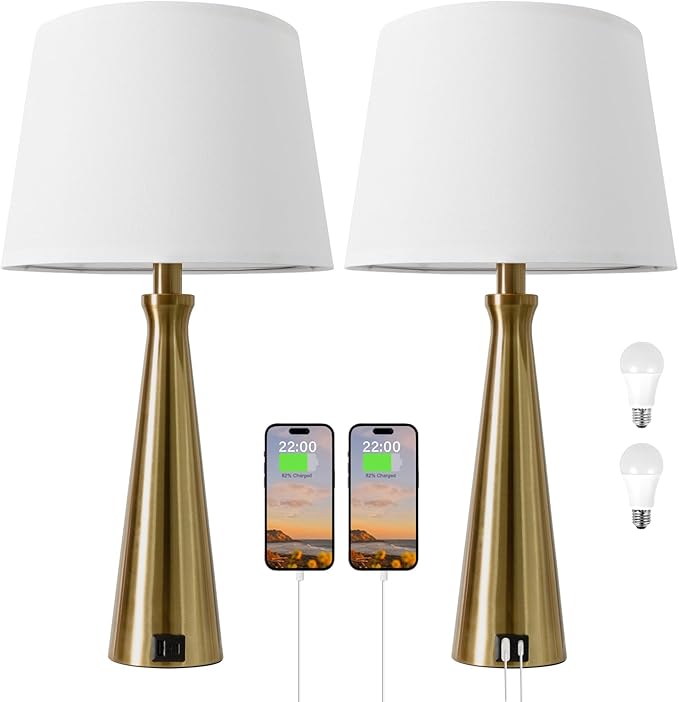 Seealle Modern Table Lamps Set of 2 - Touch Bedside Lamps for Nightstand with Dual USB C+A,3-Way Dimmable Gold Nightstand Lamps for Living Room Bedroom (Bulb Included)