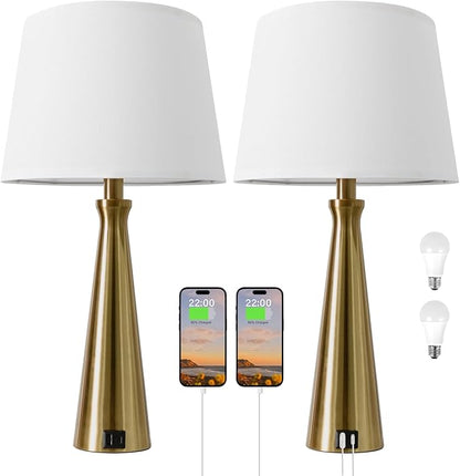 Seealle Modern Table Lamps Set of 2 - Touch Bedside Lamps for Nightstand with Dual USB C+A,3-Way Dimmable Gold Nightstand Lamps for Living Room Bedroom (Bulb Included)