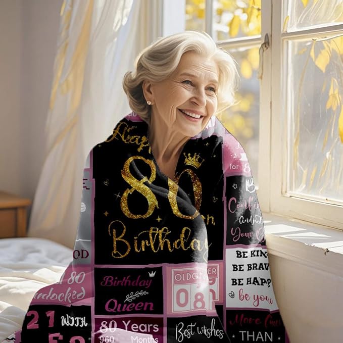 80 Birthday Gifts for Women, 80th Birthday Blanket with Gift Box for Women, Gifts for 80th Birthday, Happy 80th Birthday Decorations Gift Ideas for Her, 80th Birthday Gifts Throw Blanket 60"x50"