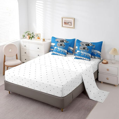 Erosebridal Football City 7 Pcs Comforter Set Full Football Bedding for Boys Girls Blue Grey Rugby Game Sheet Set Bed in A Bag Football Fans Bedroom Decor Sports Ball Team Bed Set