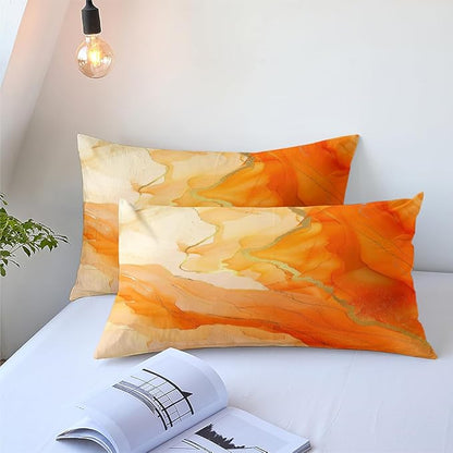 Orange Marble Comforter Set Queen Size Gold Glitter Marbling Bedding Set Watercolor Abstract Art Down Comforter Burnt Orange Marble Print Bed Set for Kids Teens Adult Bedroom Decor 3Pcs