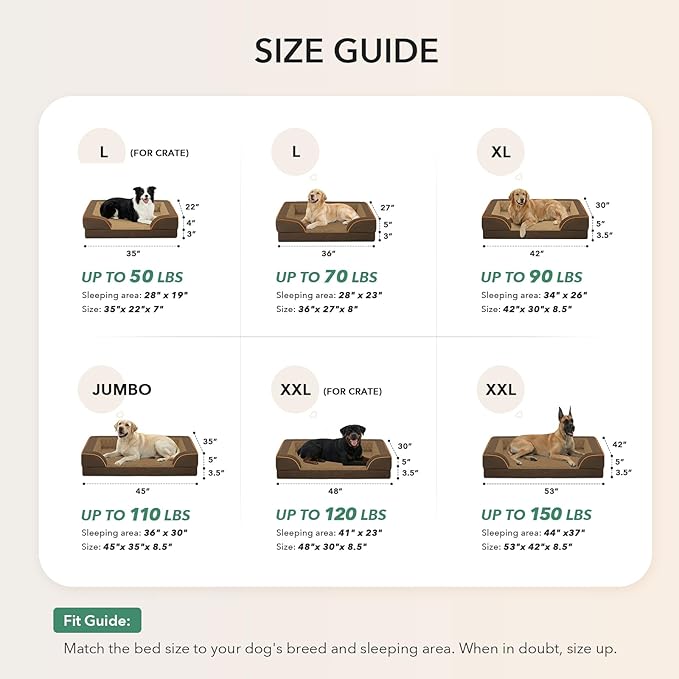 Orthopedic XXL Dog Beds, Waterproof Memory Foam Big Pet Bed for Extra Large Sized Dogs 53x42Inch, Non-Slip Bottom and Egg-Crate Foam Dog Couch Bed with Washable Removable Cover, Brown