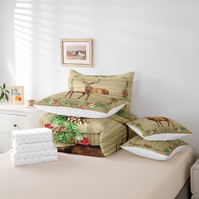Elk Deer Bed in a Bag King Size Comforter Set 7 Pieces,Woodland Animals Bedding Sets Botanical Pinecone Sheet Set with Comforter