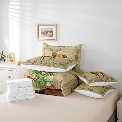 Elk Deer Bed in a Bag King Size Comforter Set 7 Pieces,Woodland Animals Bedding Sets Botanical Pinecone Sheet Set with Comforter