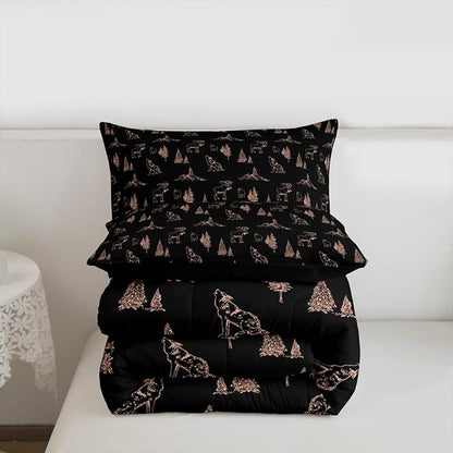 Erosebridal Woodland Animals Comforter Set Twin Size Bear Deer Wolf Hunting Theme Bedding Set for Kids Child | Rustic Cabin Lodge Decor Duvet Insert Farmhouse Wildlife Mountain Black Brown Quilt
