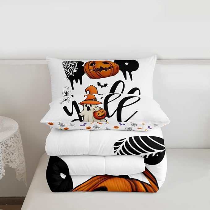 Erosebridal Halloween Boo Bedding Set Full, Halloween Pumpkin Comforter Set, Cute Ghost with Wizard Hat Comforter, Black Bat Spider Web Quilt for Kid Boys Girls Teens Women Men Bedroom Decor