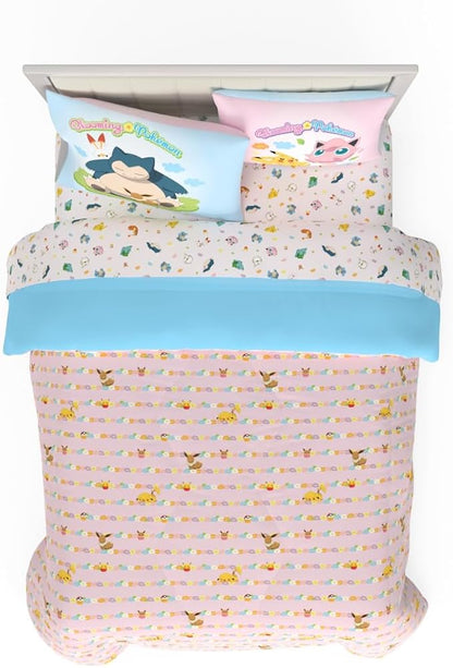 Pokemon Bedding Super Soft Comforter and Sheet Set with Sham, 5 Piece Full Size, Featuring Snorlax, Pikachu, Eevee & Jigglypuff (Officially Licensed Product) by Franco