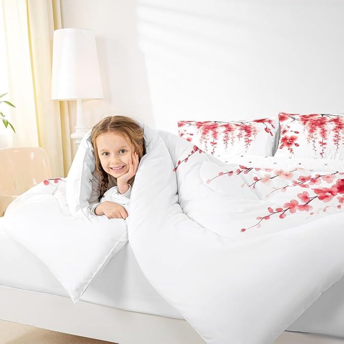 Manfei Red Flower Comforter Set King Size, Watercolor Cherry Blossom Bedding Set 3pcs, Japanese Style Pink Floral Print Down Comforter, Kids Girls Women Room Decor, 2 Pillowcases, No Sheets