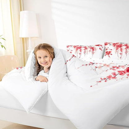 Manfei Red Flower Comforter Set King Size, Watercolor Cherry Blossom Bedding Set 3pcs, Japanese Style Pink Floral Print Down Comforter, Kids Girls Women Room Decor, 2 Pillowcases, No Sheets
