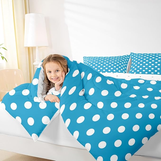 Manfei Polka Dots Comforter Set Toddler Size 2 Pcs,Modern Geometric Circles Abstract Simple Art Bedding Set,Cartoon French Style Dots Blue White Quilt Set for Child Bedroom,1 Pillowcase