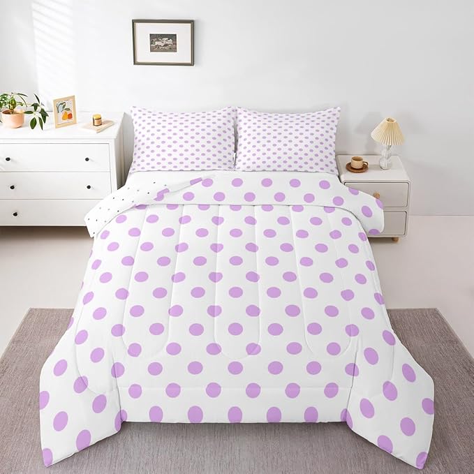 Manfei Purple Polka Dots Adults Comforter Set,Geometric Circles Purple White Simple Art Bedding Set All Season,French Style Dots Cartoon Cute Comforter 3 Pcs with 2 Pillowcases,King Size