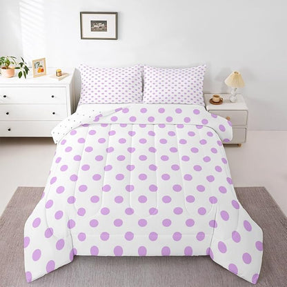 Manfei Purple Polka Dots Kids Comforter Set,Geometric Circles Purple White Simple Art Bedding Set All Season,French Style Dots Cartoon Cute Comforter 2 Pcs with 1 Pillowcase,Toddler Size