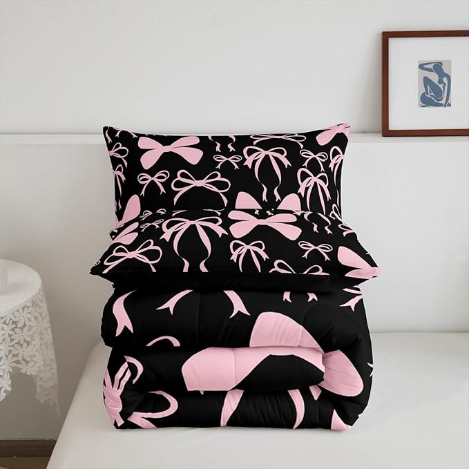 Feelyou Bow Bedding Set Boys Girls Twin Size Black Pink Girls Bow Comforter Set for Kids Women Men Ultra Soft Cute Bowknot Comforter Lovely Duvet Set