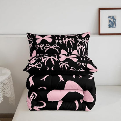 Feelyou Bow Bedding Set Boys Girls Twin Size Black Pink Girls Bow Comforter Set for Kids Women Men Ultra Soft Cute Bowknot Comforter Lovely Duvet Set