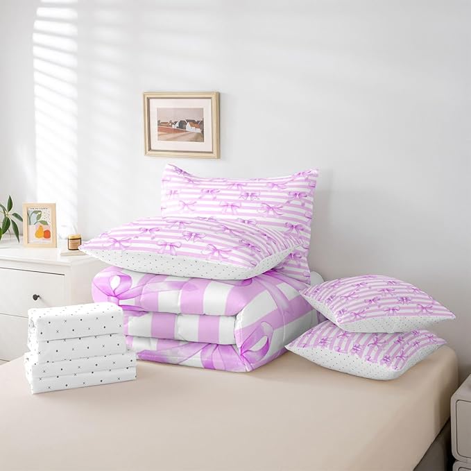 Erosebridal Bow Girls Cute Purple White King 7-Piece Comforter Set | Stripe Sheets and Pillowcases Bowknot Kawaii Bed in A Bag Geometric Bed Sets