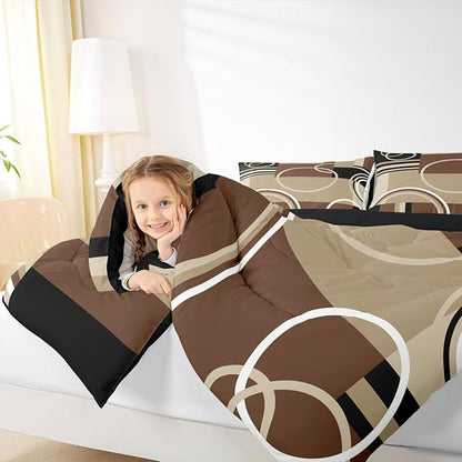 Modern Brown Grey Black Comforter Set Queen, Geometric Swirls Bedding Set for Boys Girls Kids, Circle Striped Down Comforter, Abstract Square Art Bedroom Decor Duvet Set with 2 Pillow Cases