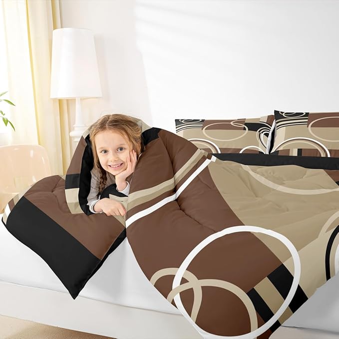 Modern Brown Grey Black Comforter Set Full, Geometric Swirls Bedding Set for Boys Girls Kids, Circle Striped Down Comforter, Abstract Square Art Bedroom Decor Duvet Set with 2 Pillow Cases