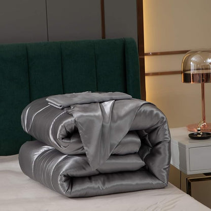 Satin Comforter Set - King Size, Luxury Hotel Style, Silk Like, Polyester Filling, 1 Comforter 2 Pillowcases (Grey)