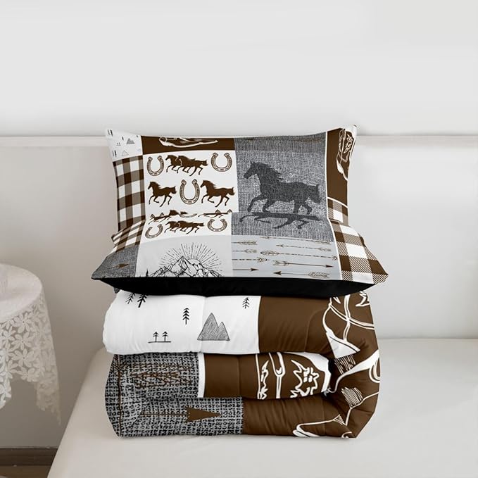 Erosebridal Horse Queen Comforter Set, Western Horseshoe Quilt Southwest Cowboys Cowgirls Bedding Set for Kids Boys Teens Adult Bedroom, Rustic Farmhouse Patchwork Adventure Bedding Comforter Sets