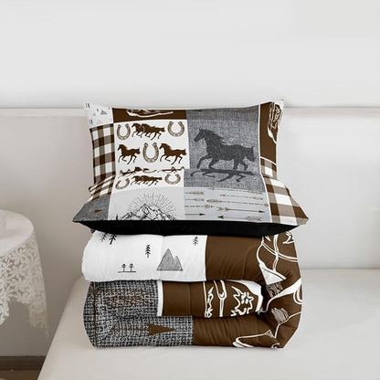 Erosebridal Horse Full Comforter Set, Western Horseshoe Quilt Southwest Cowboys Cowgirls Bedding Set for Kids Boys Teens Adult Bedroom, Rustic Farmhouse Patchwork Adventure Bedding Comforter Sets