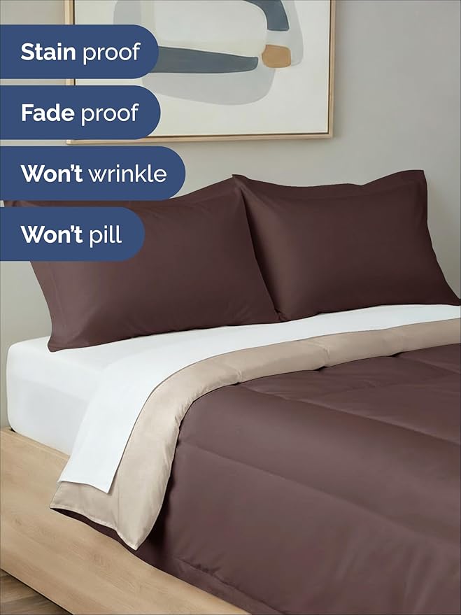 King Comforter Set - 3 Piece Bed Set for All Seasons - 1 Soft Quilted Comforter with Corner Tabs & 2 Pillow Shams - Comfy & Breathable - Premium Down Duvet Insert - Oeko-TEX - King Size, Brown/Beige
