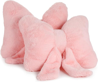 2 PCS Pink Bow Pillow, Soft Bow Decorative Pillows with Faux Fur, Cute 12" Bow Throw Pillows, Aesthetic Home Decor Bow Shaped Plush Pillow for Bedroom Sofa Couch