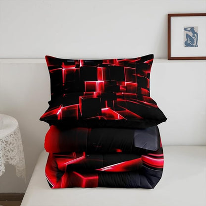 Erosebridal Red and Black Geometric Comforter Set Twin Size Modern 3D Stereoscopic Square Bedding Sets, Gradient Neon Honeycomb Duvet Set 2 Pieces Soft Microfiber Quilt for All Season