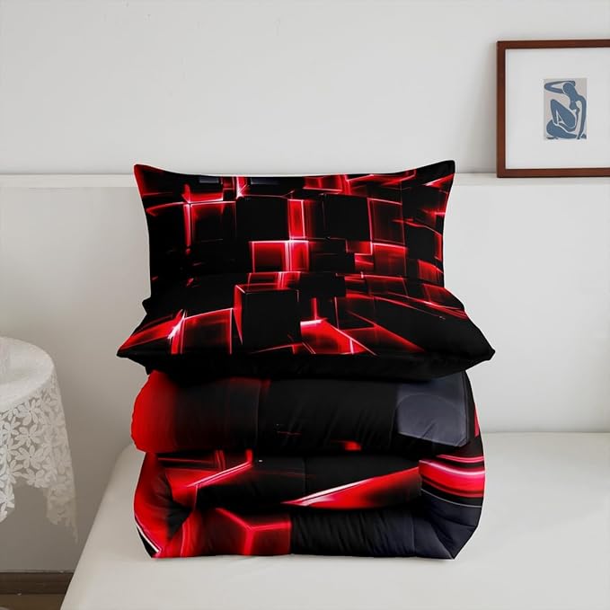 Erosebridal Red and Black Geometric Comforter Set Queen Size Modern 3D Stereoscopic Square Bedding Sets, Gradient Neon Honeycomb Duvet Set 3 Pieces Soft Microfiber Quilt for All Season