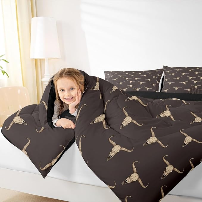 Erosebridal Bull Skull Comforter Set Toddler Ethnic Bohemian Bedding for Men Boys | Tribal Steer Skull Wildlife Aztec Bedroom Decor Farmhouse Cabin Lodge Duvet Insert with 1 Pillow Case,Brown