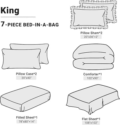 JOLLYVOGUE King Size Comforter Set 7 Pieces, Black Bed in a Bag Comforter Set for Bedroom, Beddding Sets with Comforter, Sheets,Ruffled Shams & Pillowcases