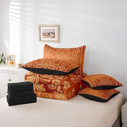 Comforter Set Full Size, Yellow Aztec Damask 7 Pcs Bedding for Kids and Adults, Victorian Decor Western Baroque Goth Bed Sheet Sets with Fitted Sheet 2 Pillowcases & 2 Shams for Bedroom Bed Decor