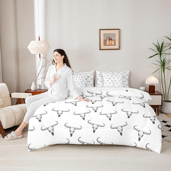 Erosebridal Bull Skull 7 Piece Comforter Set King Ethnic Bohemian Bedding for Men Boys | Tribal Steer Skull Wildlife Aztec Bedroom Decor Farmhouse Cabin Lodge Sheet Set with Comforter,Black White