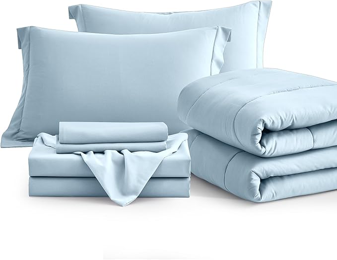 Maple&Stone Full Size Comforter Sets 7 Pieces Bed in a Bag - Down Alternative Bed Set with Comforter, Sheets, Pillowcases & Shams, All Season Lightweight Bedding Set, Light Blue