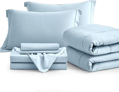 Maple&Stone Full Size Comforter Sets 7 Pieces Bed in a Bag - Down Alternative Bed Set with Comforter, Sheets, Pillowcases & Shams, All Season Lightweight Bedding Set, Light Blue