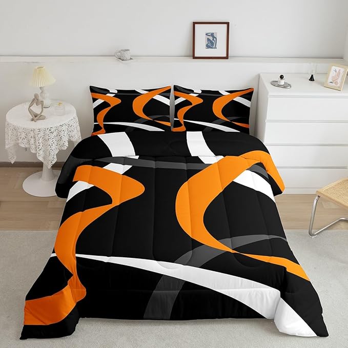 Erosebridal Abstract Black Orange Bedding Comforter Sets Dark Grey White Striped Bedding Set King Geometric Stripes Down Comforter for Kids Boys Adults Men Modern Fashion Quilt Duvet
