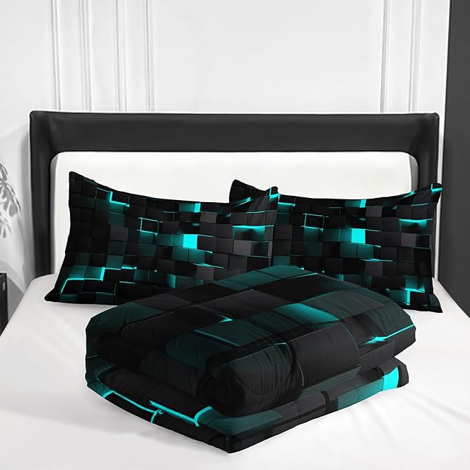 Neon Turquoise Black Comforter Set Twin Geometric Kids Bedding Set,3 PCS Geometry Honeycomb Bed Set Modern Quilt Set 1 Comforter 2 Pillow Cases Cool Room Decor All Season B-Side Black