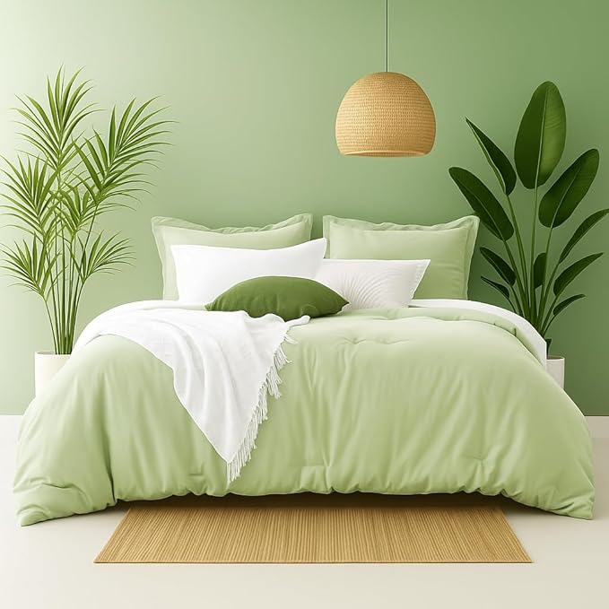 Twin XL Comforter Set Light Green Reversible Bedding Set, 5 Pieces Soft Bed in a Bag Twin XL with Comforter, Sheets, Pillowcase & Sham, All Season Boho Twin XL Bed Set